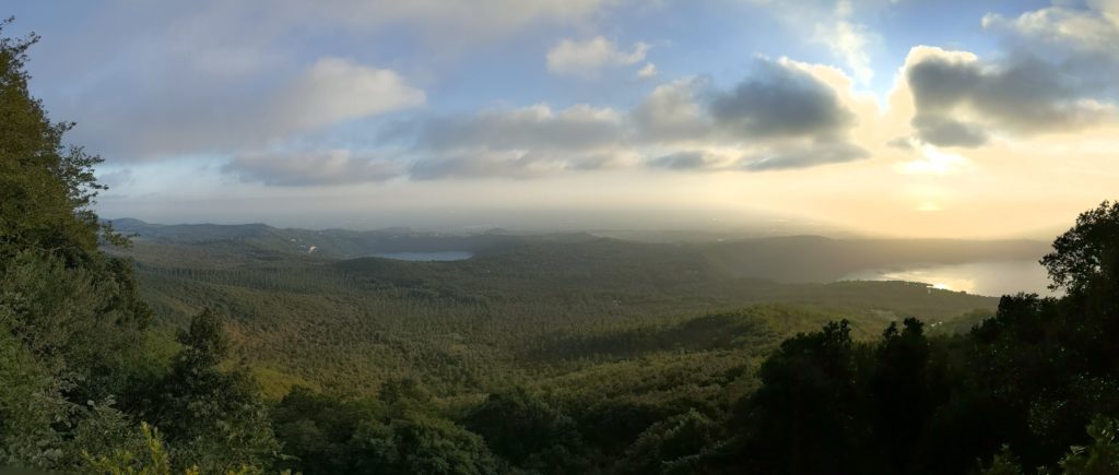 Panoramic view of Lake Nemi on the left and Lake Albano on the right from the Via Sacra in Castelli Romani